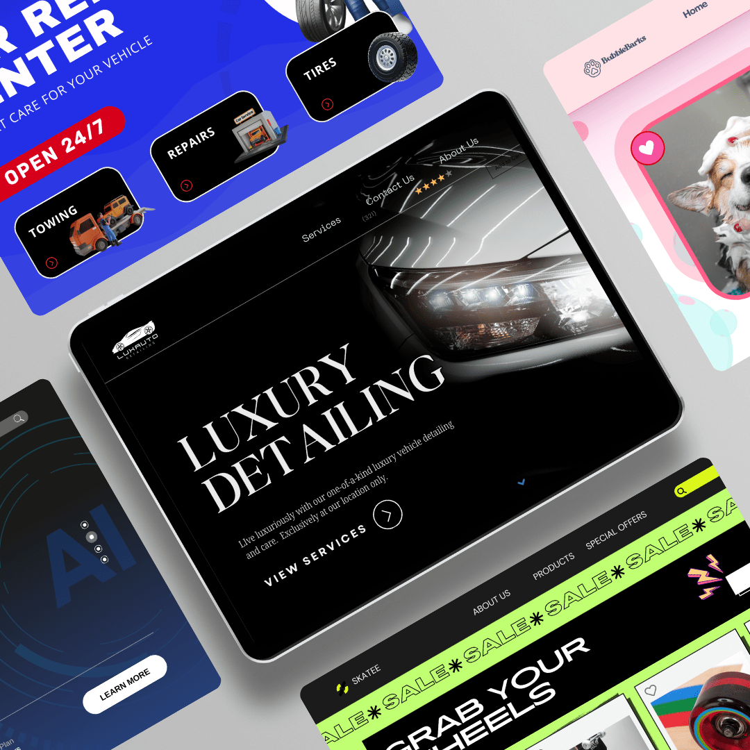 A collection of website mockups showcasing various designs, including luxury detailing, pet services, automotive repairs, and e-commerce.