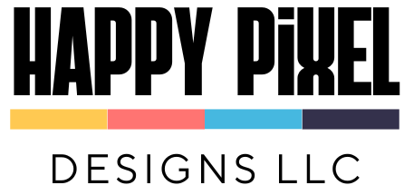 Horizontal Happy Pixel Designs LLC logo in black with colorful accent bars, representing a sleek and professional branding solution for small businesses.