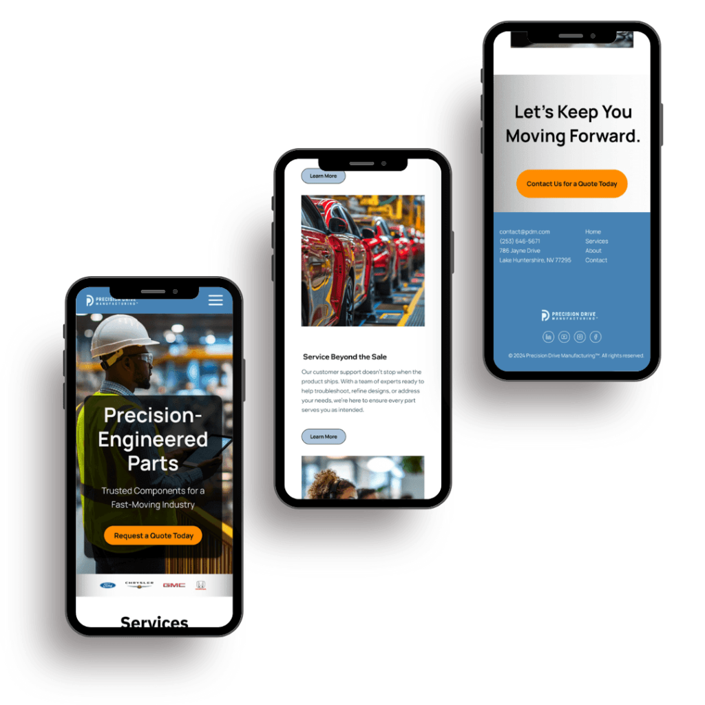 Three mobile phones showcasing a responsive, mobile-friendly website design for an engineering company.