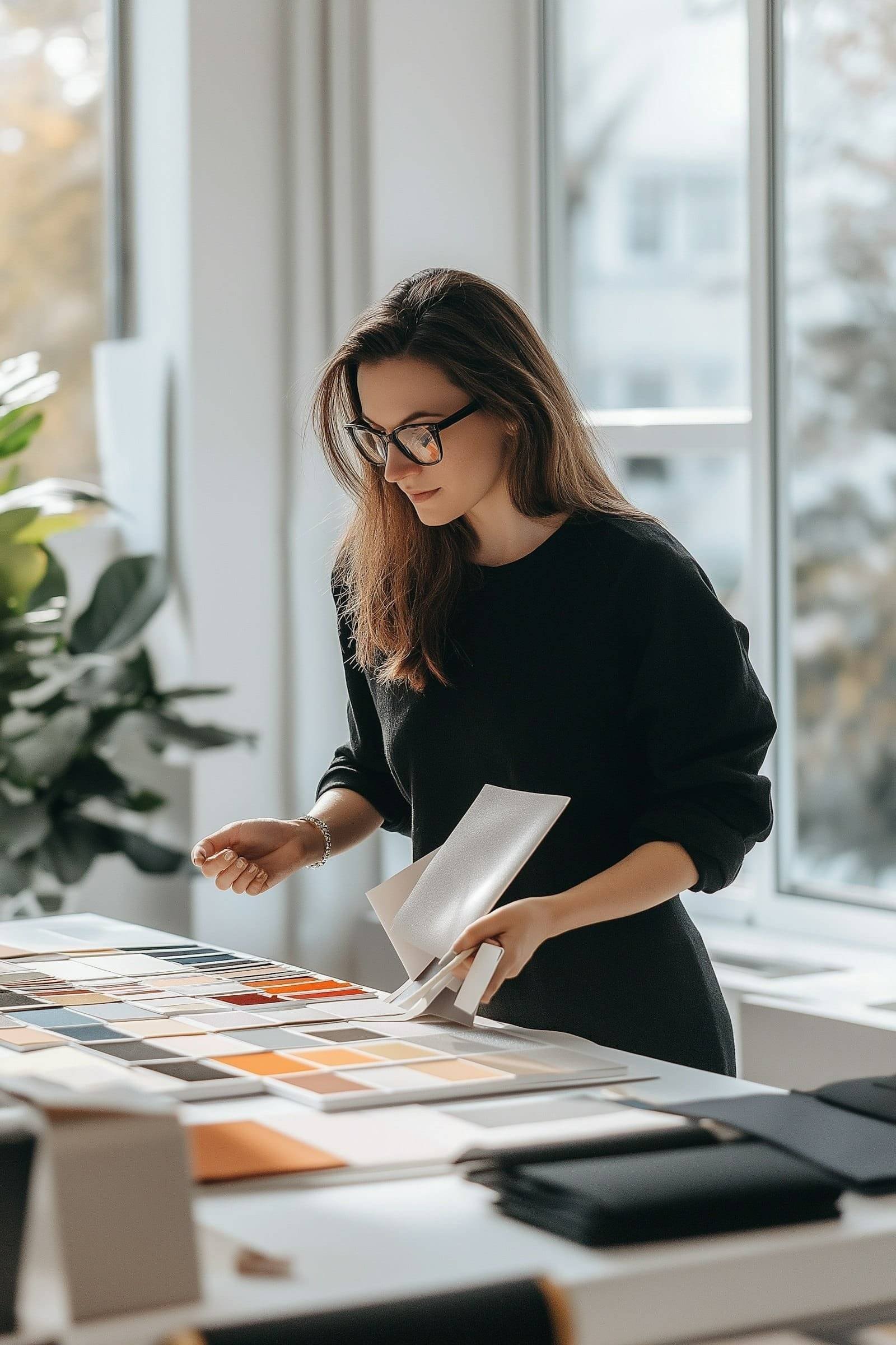 A designer reviews a collection of color swatches and textures at a bright, modern workspace.