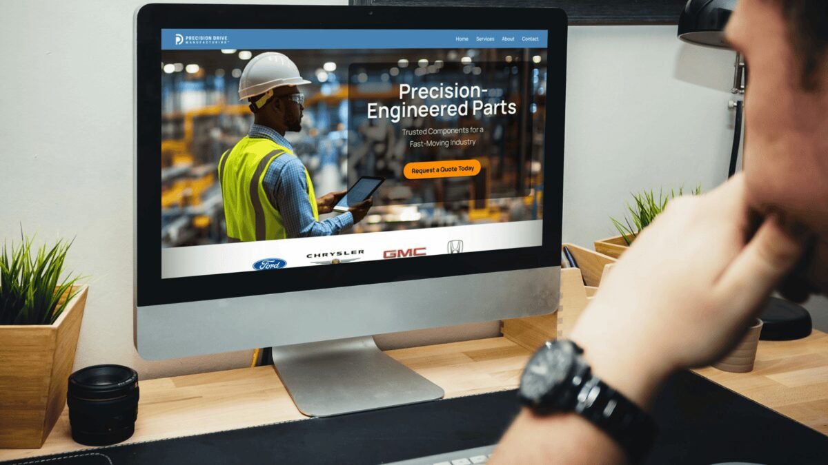 A person in a safety vest reviews the Precision Drive website, showcasing precision-engineered parts for various automotive brands.