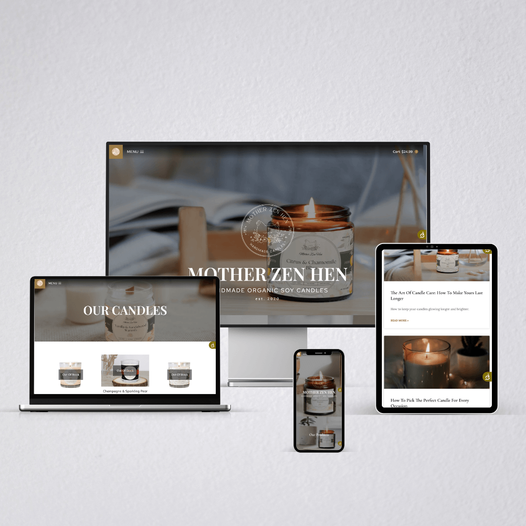 A collection of devices displaying the Mother Zen Hen website, showcasing handmade organic soy candles and related content.