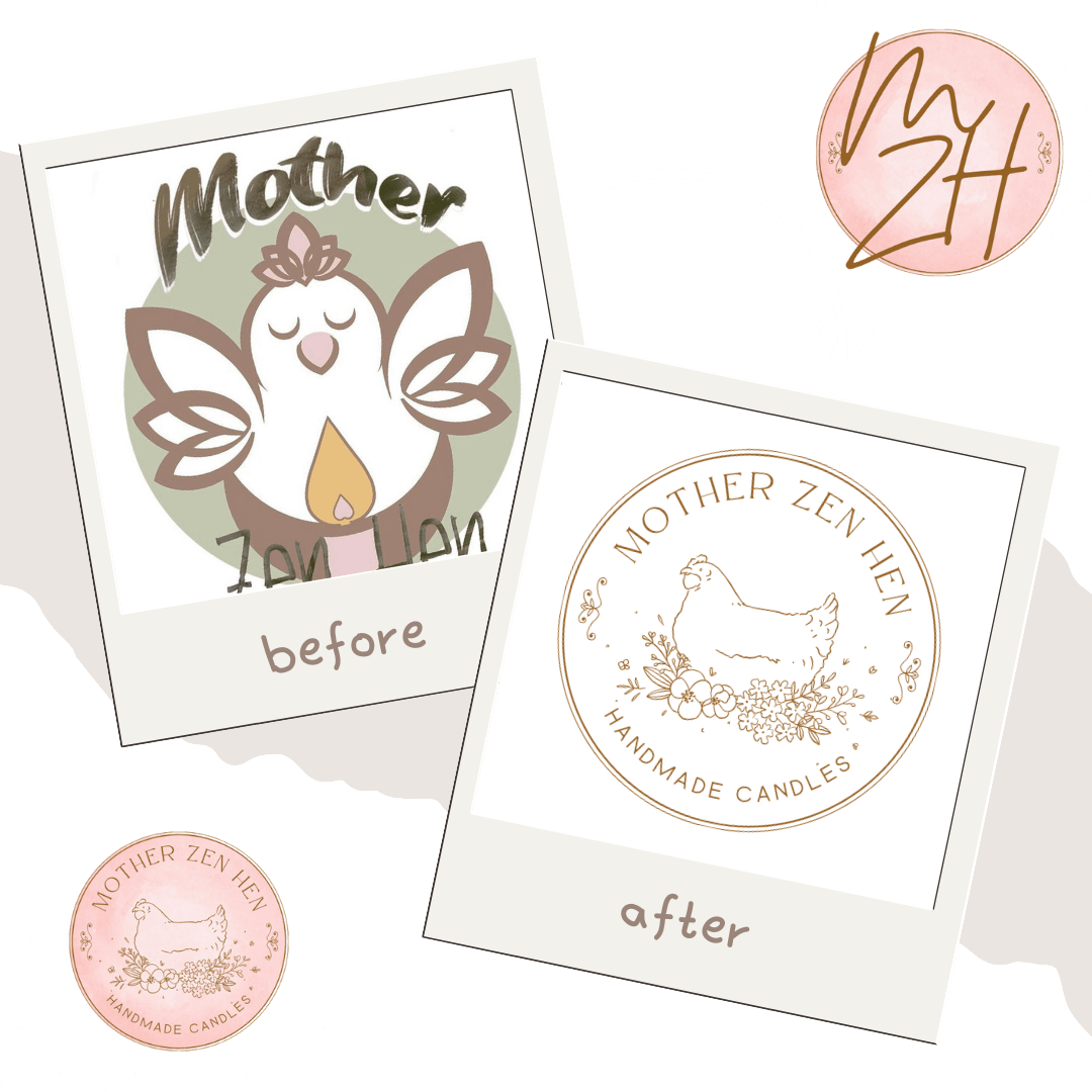 A design transformation featuring a candle brand logo, showing the original design labeled "before" and the updated "after" logo.