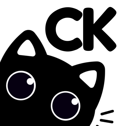 A playful black cat silhouette with large eyes, alongside a bold "CK" symbol, set against a white background.