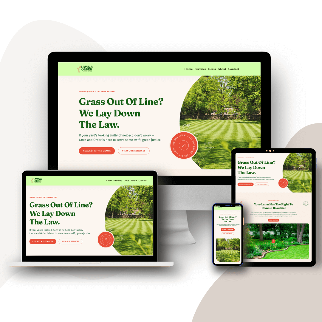 A website design for a local lawn service company, displayed on multiple sized devices