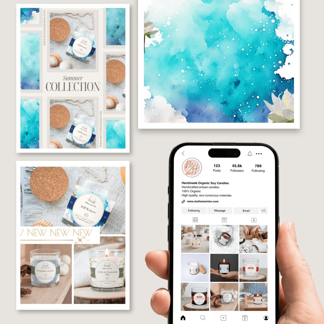 A smartphone displays an Instagram profile for a handmade organic candle brand, surrounded by colorful summer-themed collages.