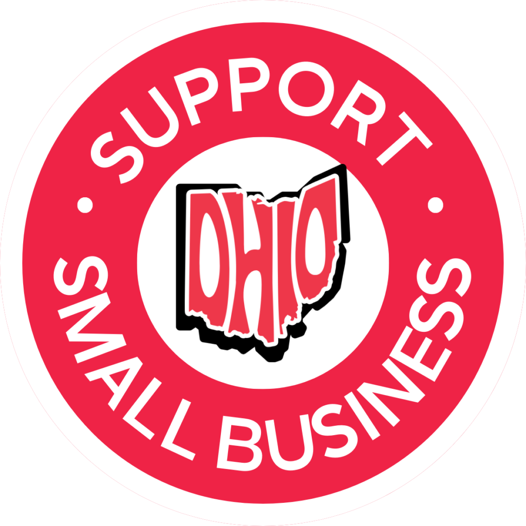 Red and white circular logo with the text "Support Small Business" and a stylized Ohio map in red, emphasizing local business support.