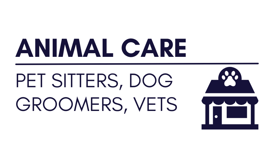 Graphic featuring "Animal Care" with listings for pet sitters, dog groomers, and vets, along with a small paw print shop icon.