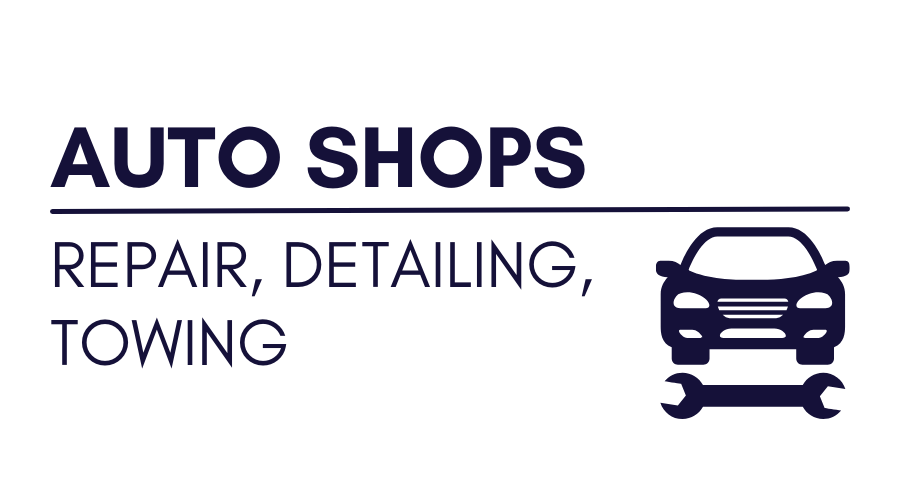 Text graphic for auto shops featuring services: repair, detailing, and towing, alongside an icon of a car and wrench.