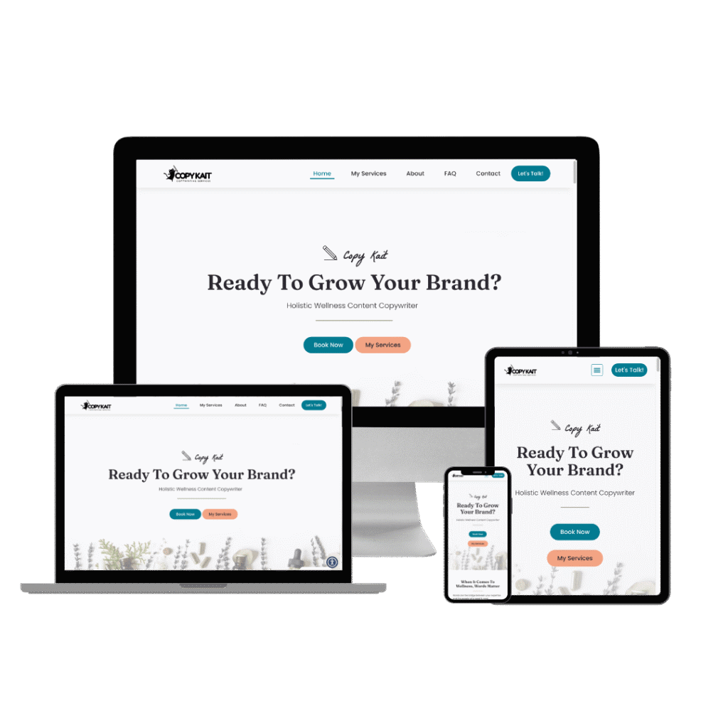 Three devices displaying the website copy kait copywriting showing responsiveness