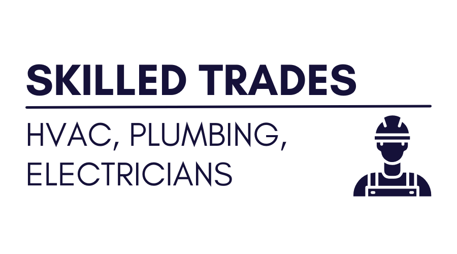 Text graphic highlighting "Skilled Trades" with a focus on HVAC, plumbing, and electricians, featuring a workers' silhouette.