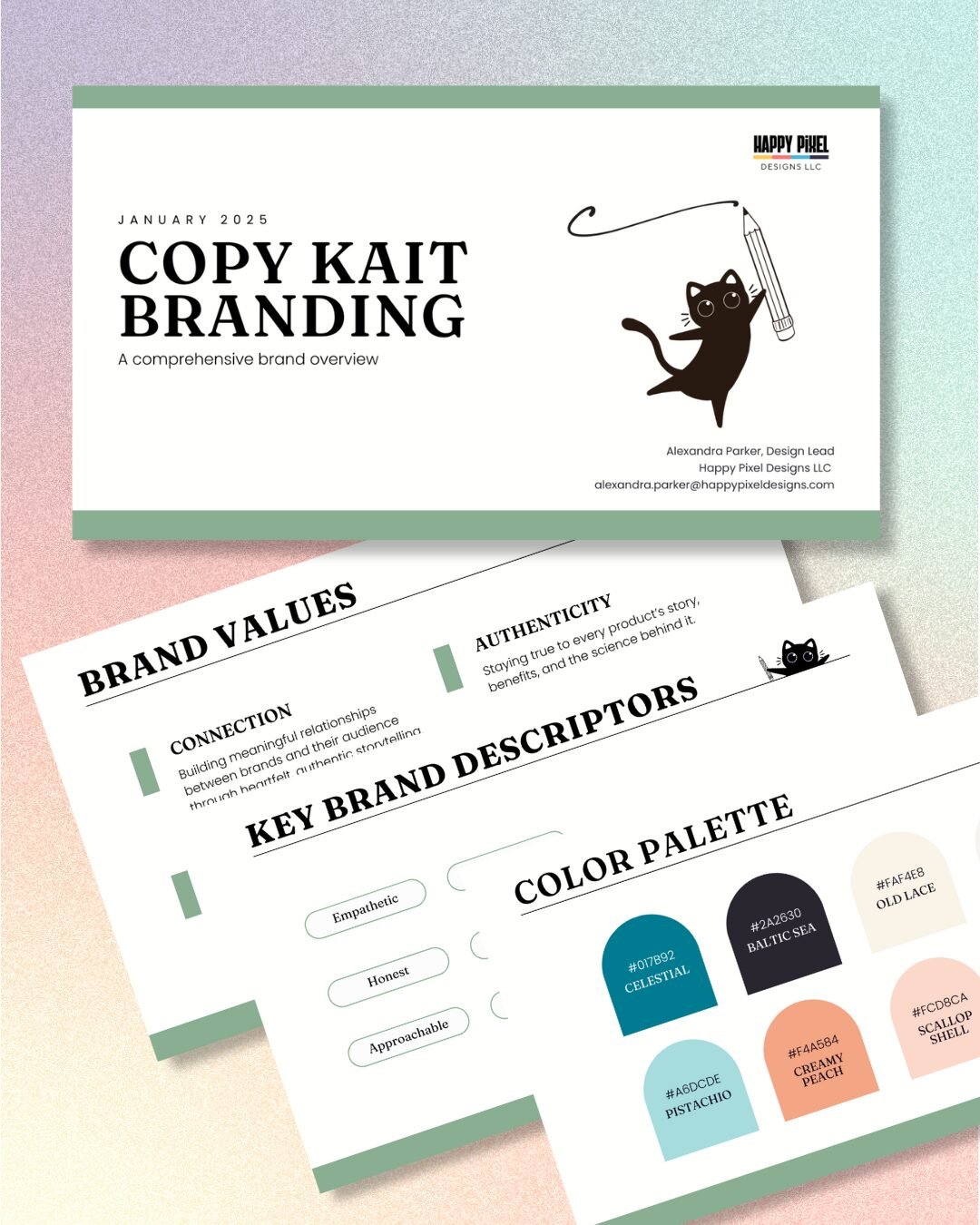 Brand overview presentation titled "Copy Kait Branding," featuring values, descriptors, and a color palette with a playful cat illustration.