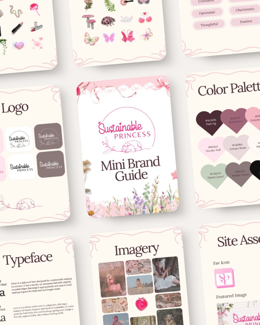 A colorful mini brand guide for "Sustainable Princess," showcasing logo, color palette, typeface, and imagery designs.